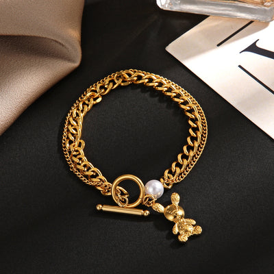 Fashion Double Layer Bear Stainless Steel 18k Gold Plated Pearl Bracelet