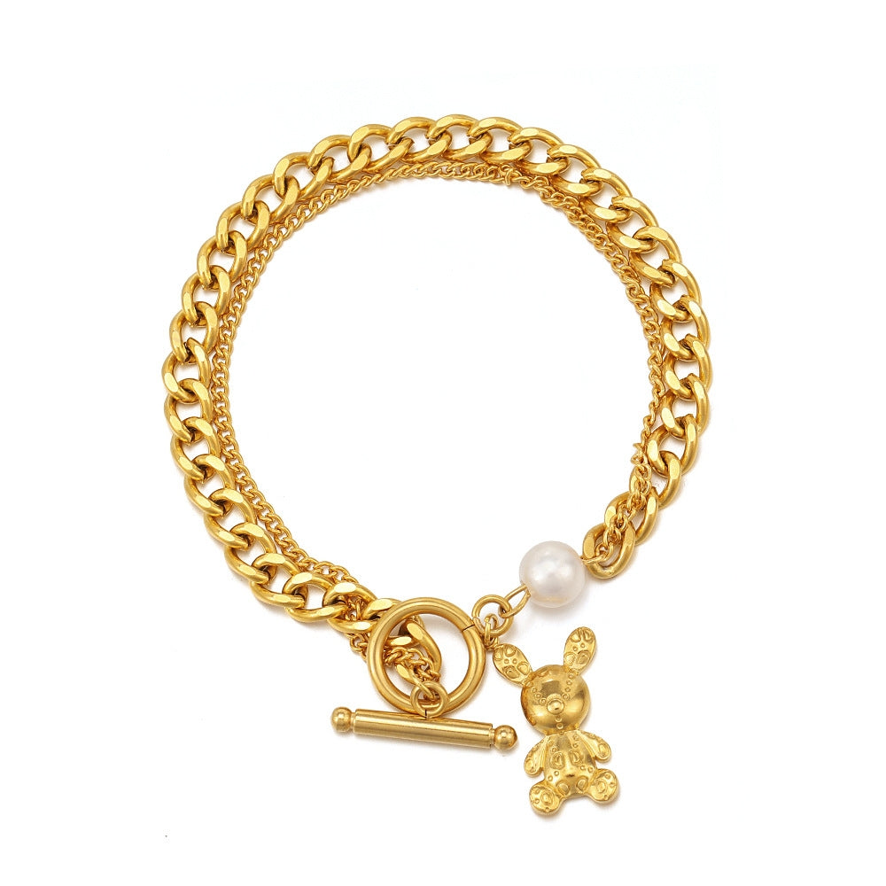 Fashion Double Layer Bear Stainless Steel 18k Gold Plated Pearl Bracelet