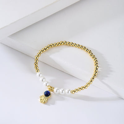 Astronaut Bear Gold Plated Copper Bracelet with Pearl and Zircon Beads