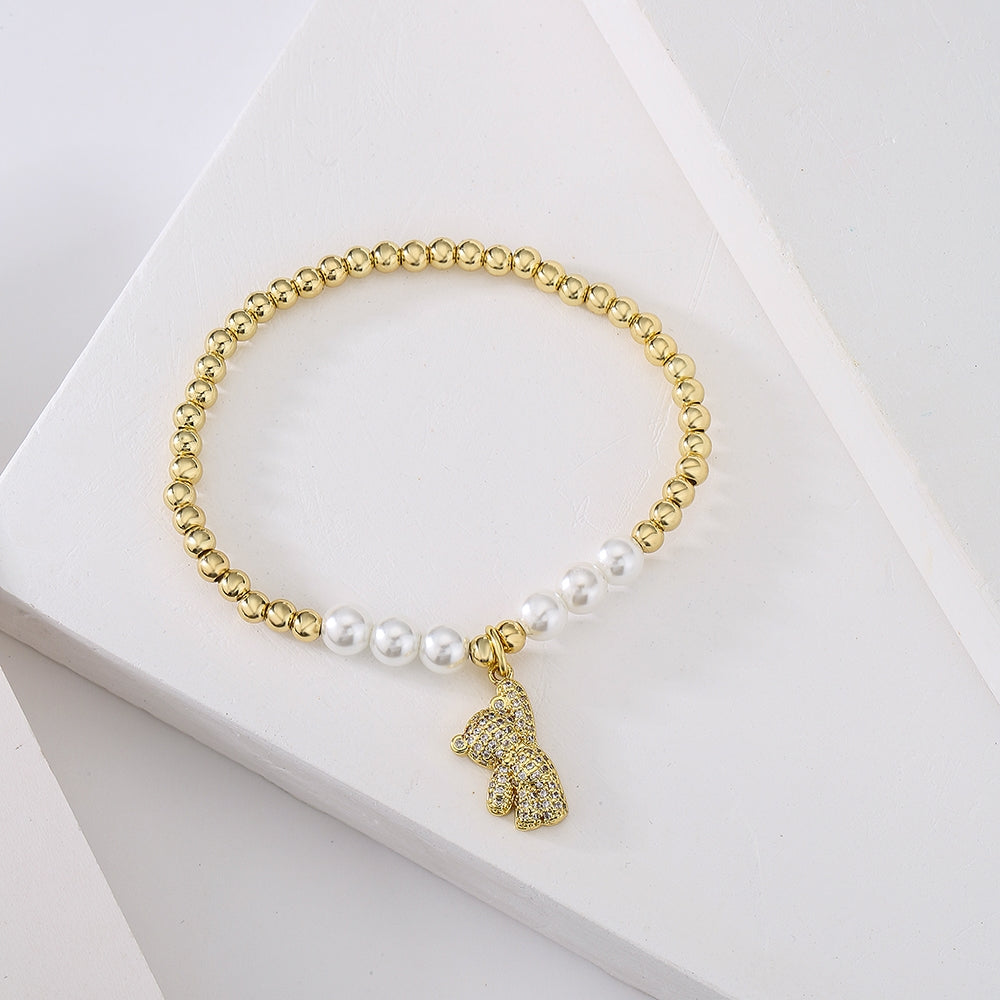 Astronaut Bear Gold Plated Copper Bracelet with Pearl and Zircon Beads