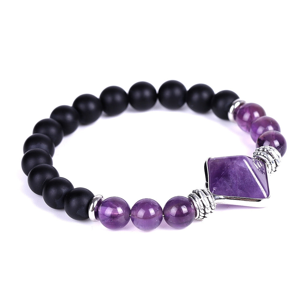 Amethyst and White Crystal Pyramid Cut Matte Black Agate Bracelet