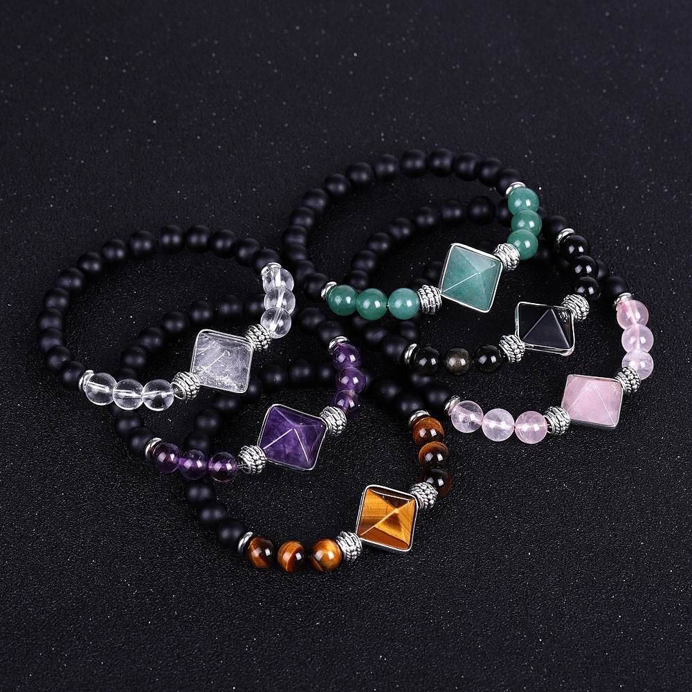 Amethyst and White Crystal Pyramid Cut Matte Black Agate Bracelet