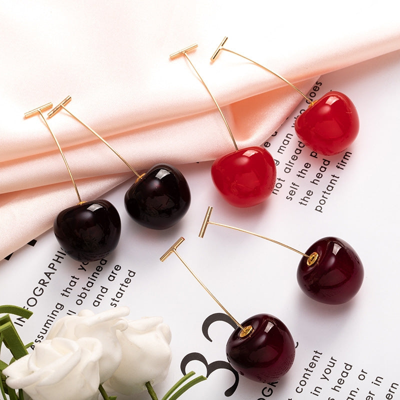 Korean Cherry Berry Long Earrings for Women - Cute Summer Studs