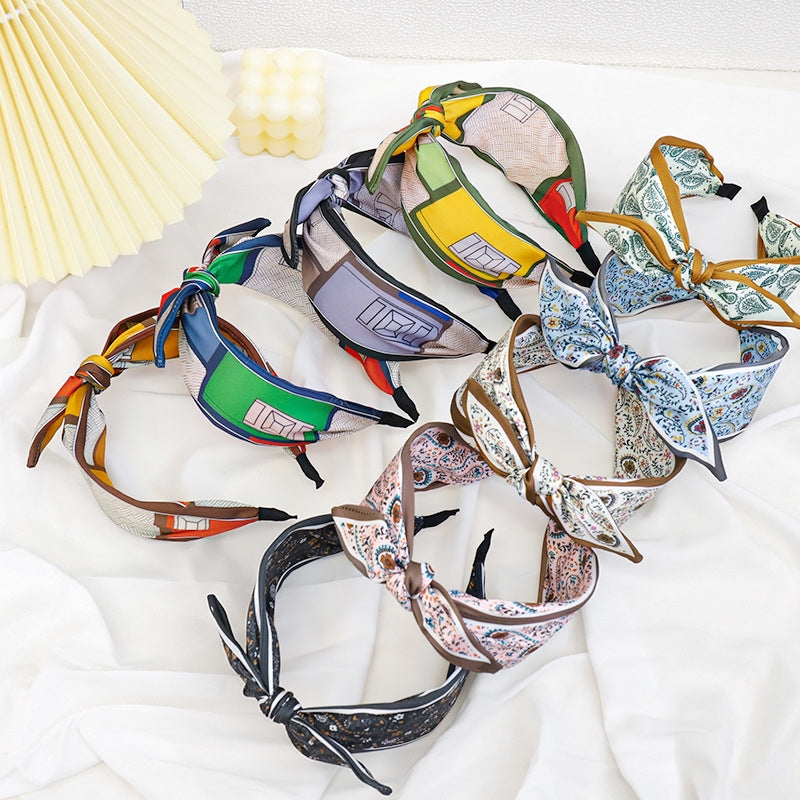 Fashion Print Bow Knot Wide Cloth Headband for Women