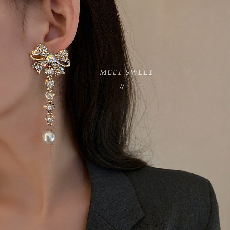 Fashion Bowknot Pearl Tassel Earrings with s925 Silver Needle