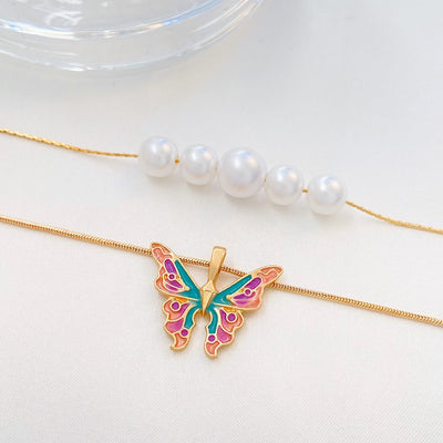 Fashion Butterfly Enamel Pearl Layered Necklace for Women