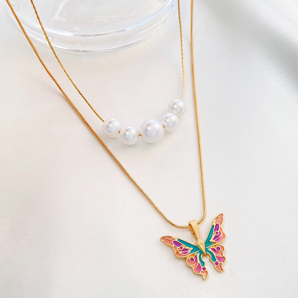 Fashion Butterfly Enamel Pearl Layered Necklace for Women