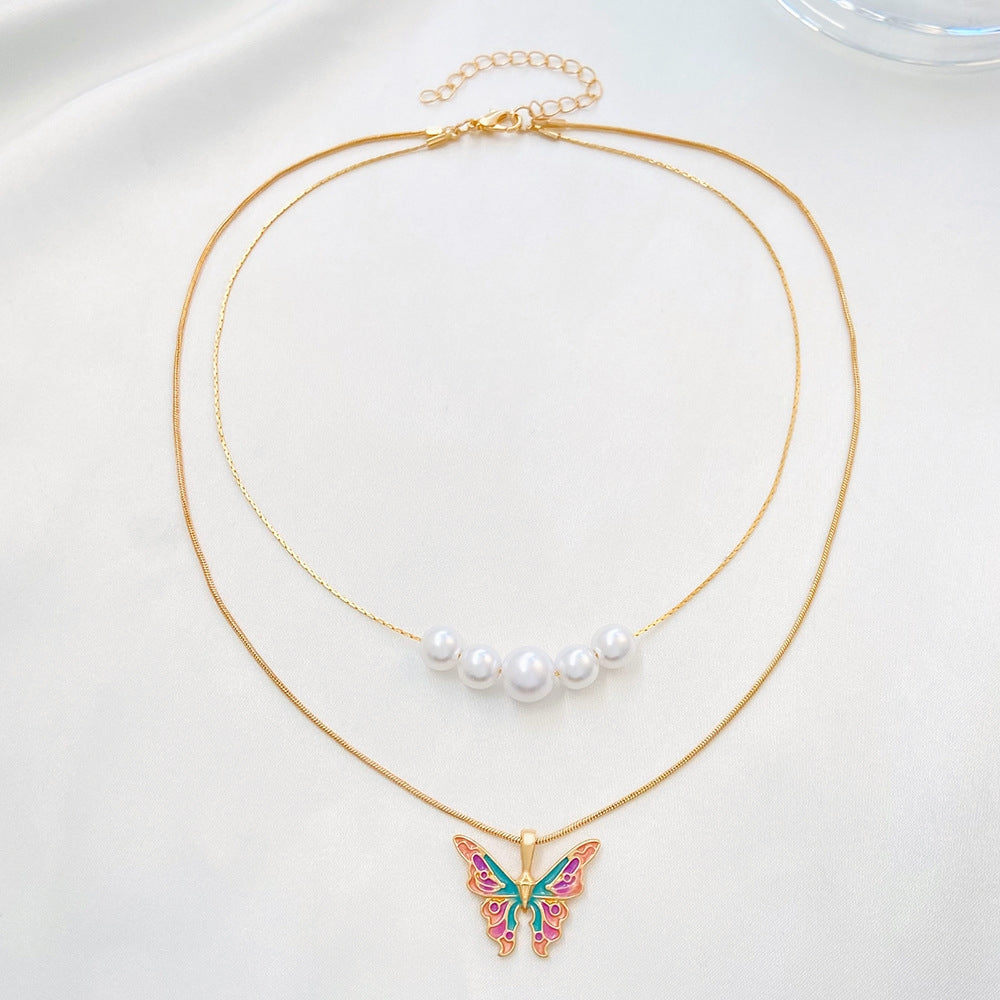 Fashion Butterfly Enamel Pearl Layered Necklace for Women