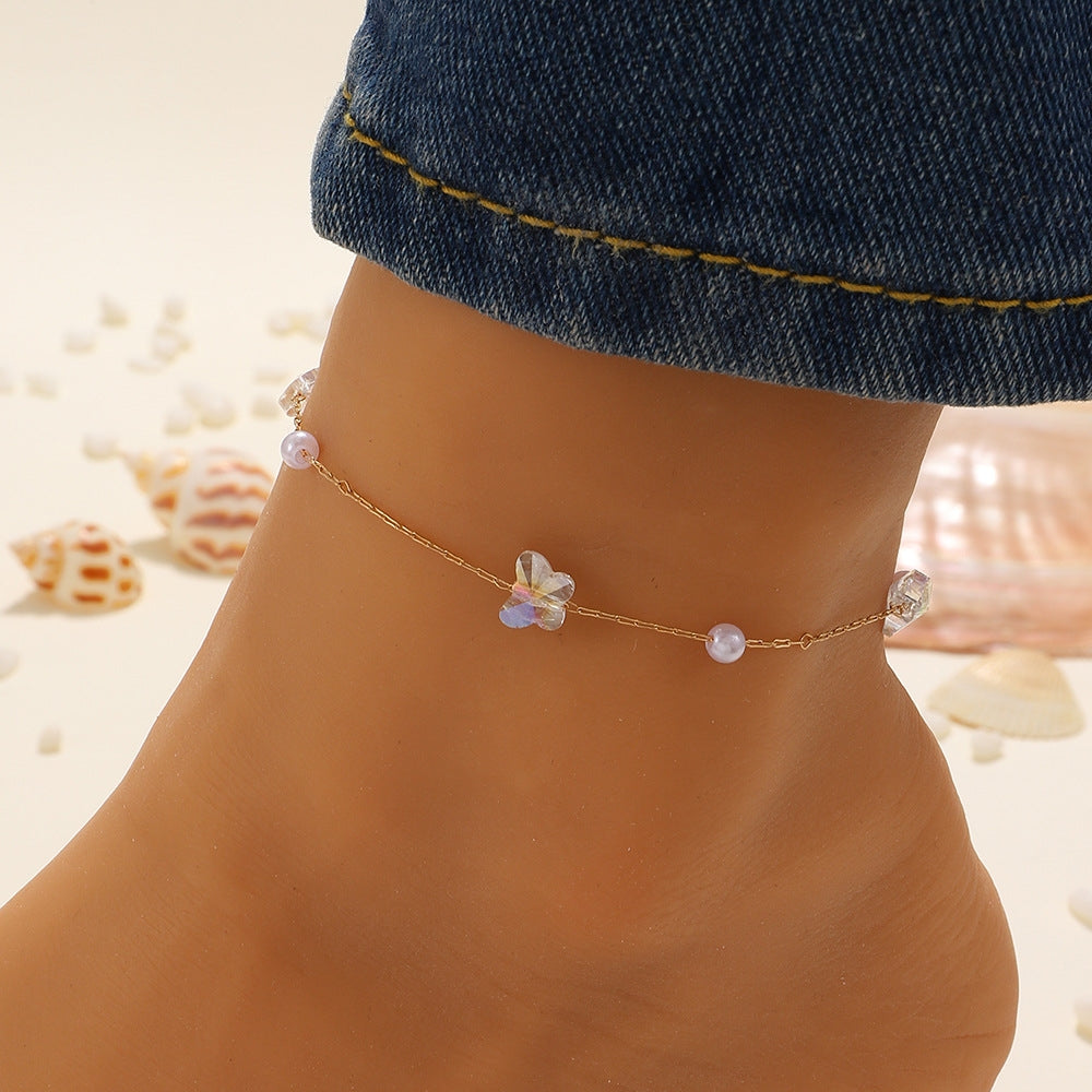 Fashion Crystal Butterfly Pearl Anklet for Women