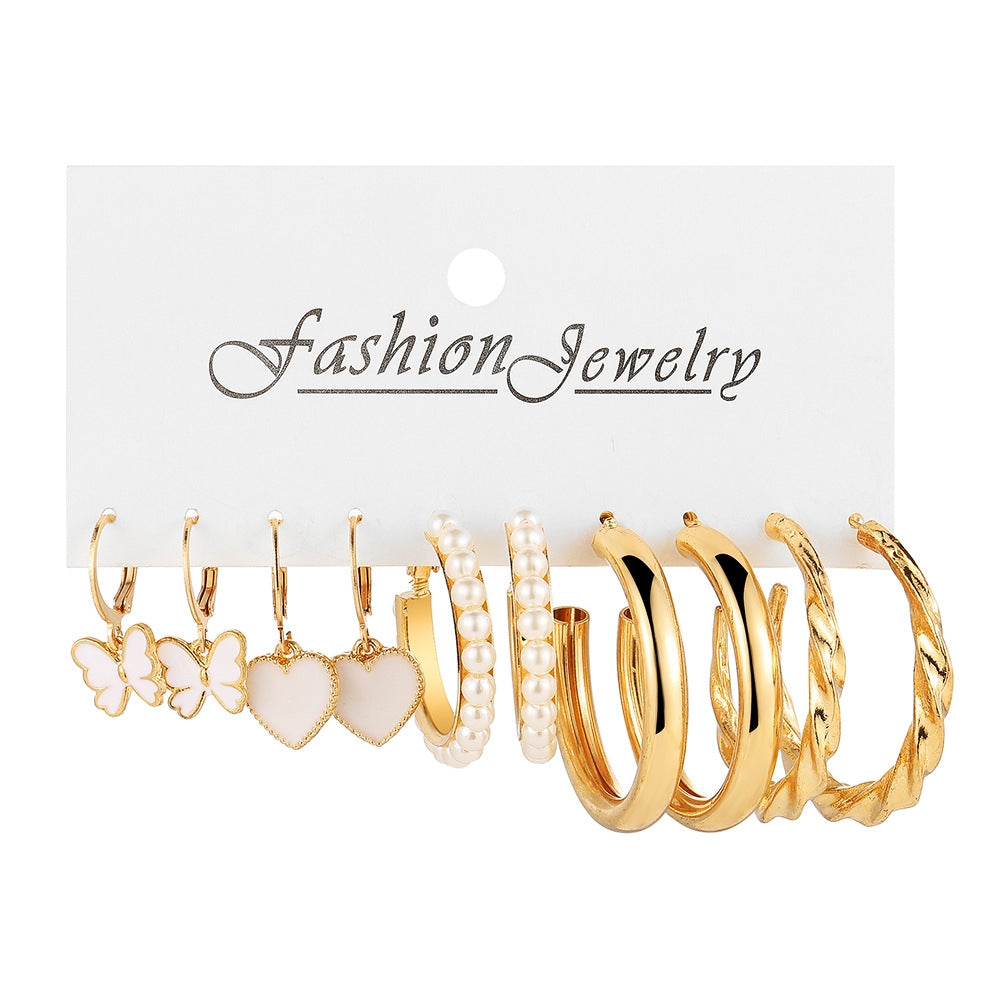 Butterfly Heart Pearl Drop Hoop Earrings Set - 5 Pairs