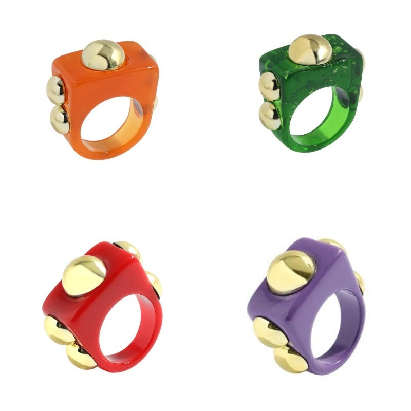 Candy Color Acrylic Resin Inlaid Metal Bead Ring - Trendy Summer Statement Jewelry