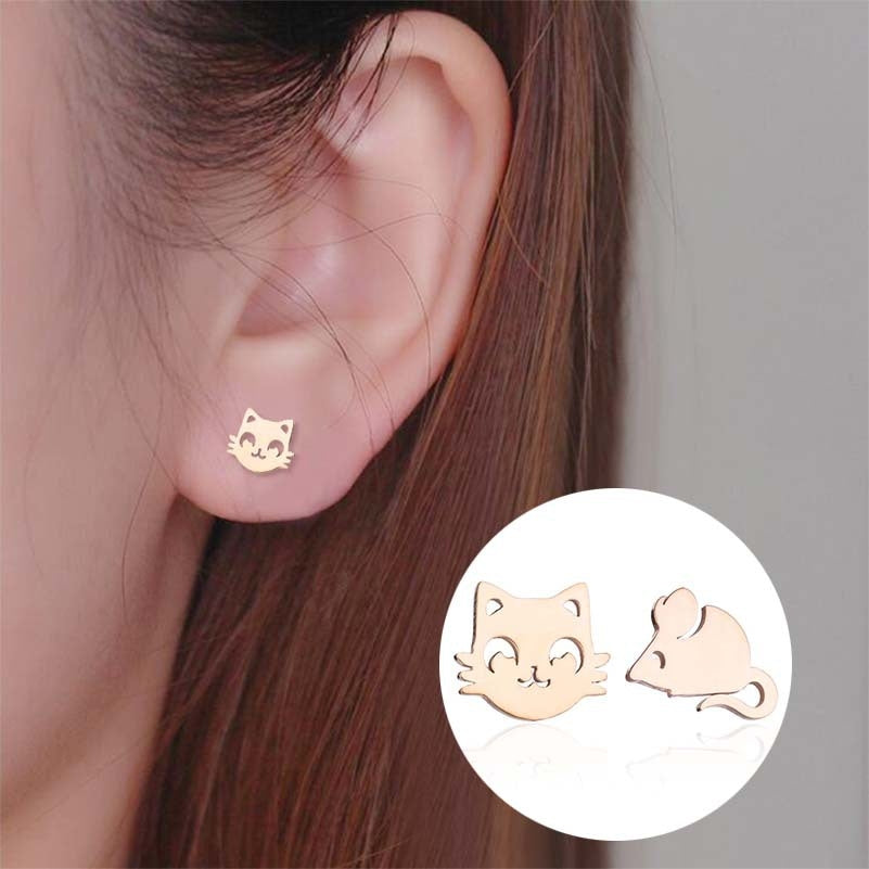 Fashion Stainless Steel Animal Ear Studs - Black Cat & Dog Design