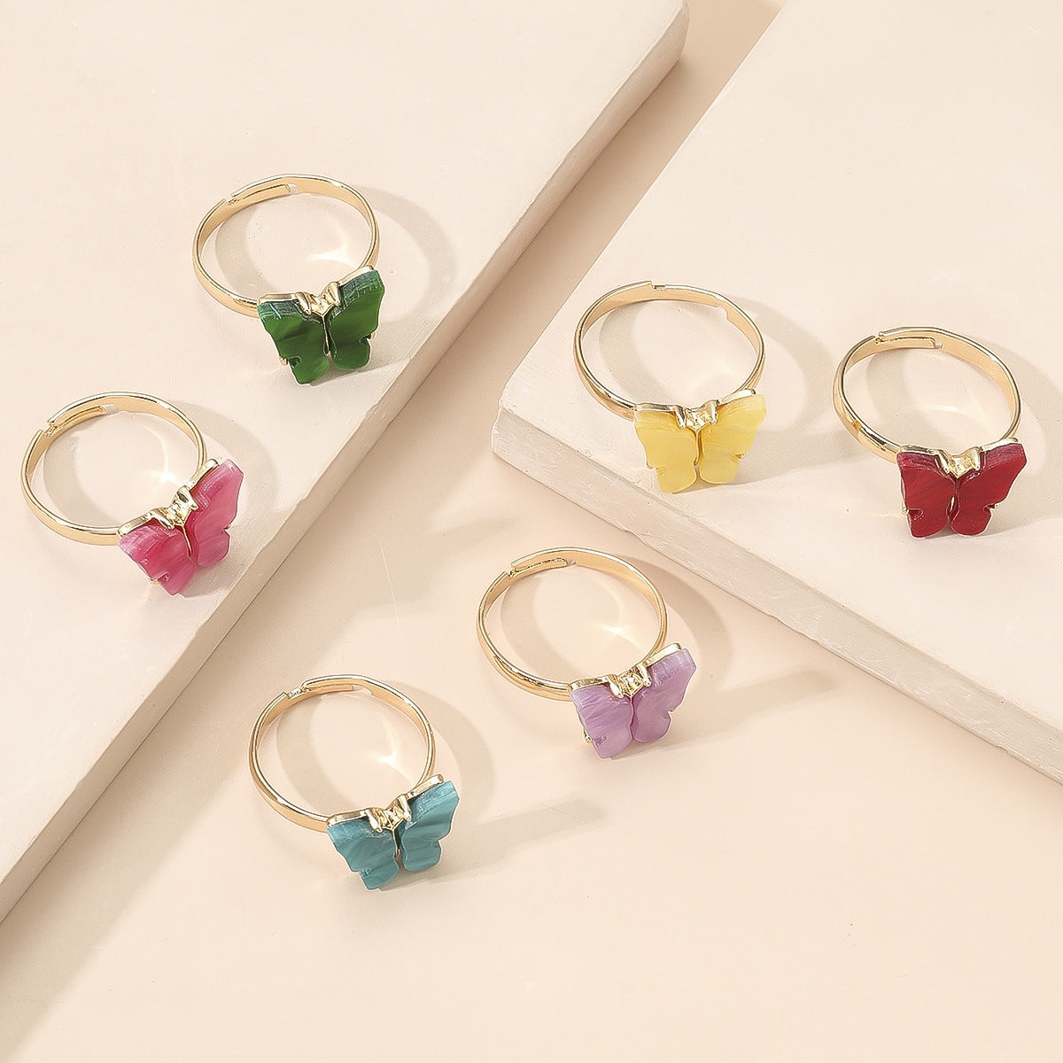 Colorful Butterfly Chic Open Alloy Ring Set - 6 Pieces