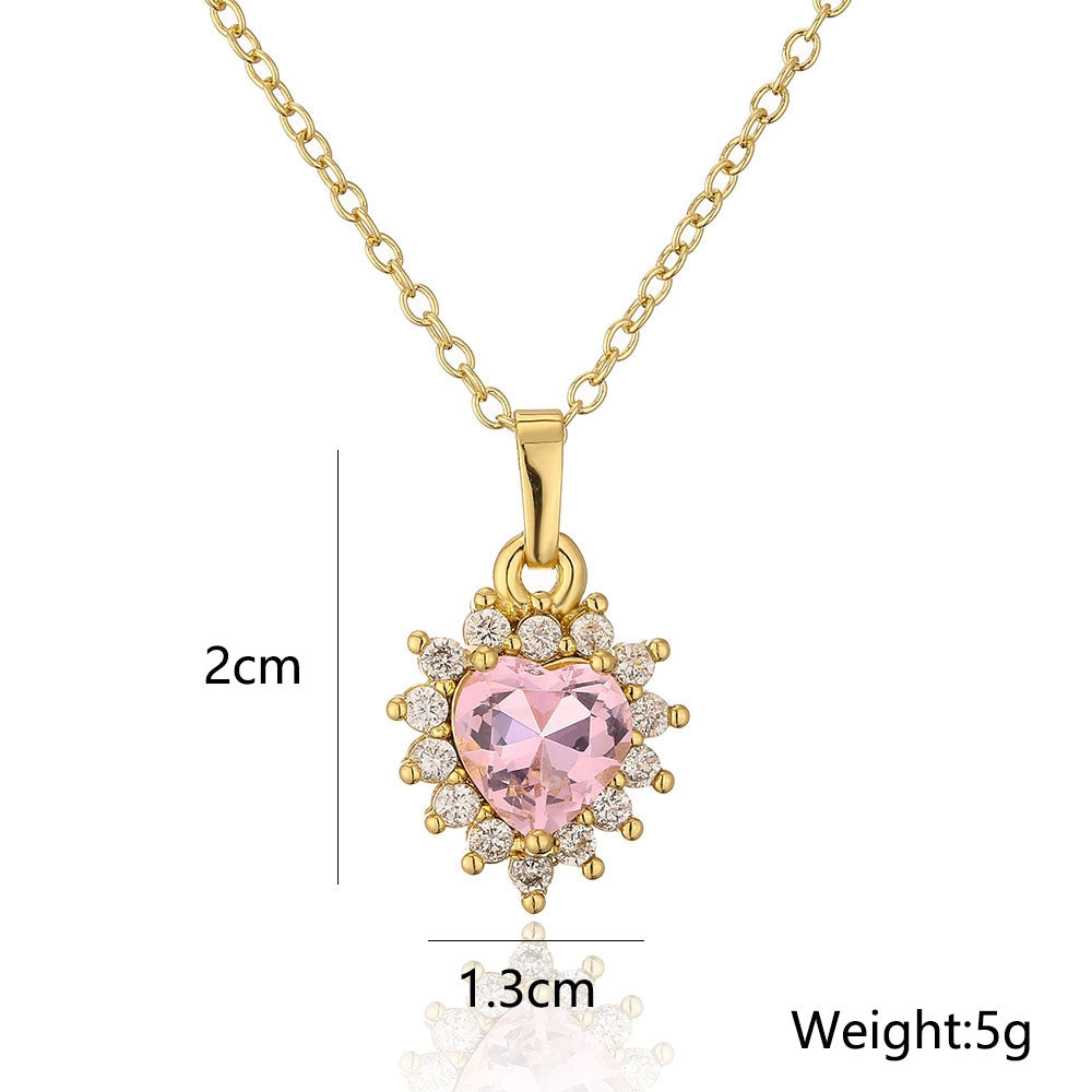 18k Gold Plated Copper Zircon Heart Geometric Pendant Necklace