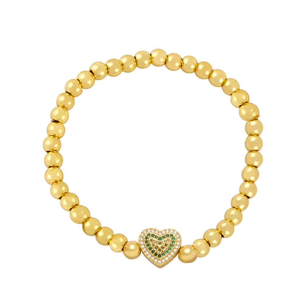 Fashion Zircon Heart & Gold Bead Copper Bracelet