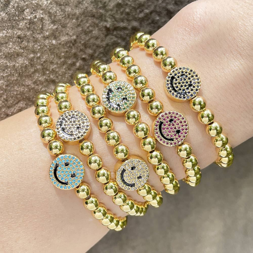 18K Gold Plated Colorful Zircon Smiling Face Bead Bracelet