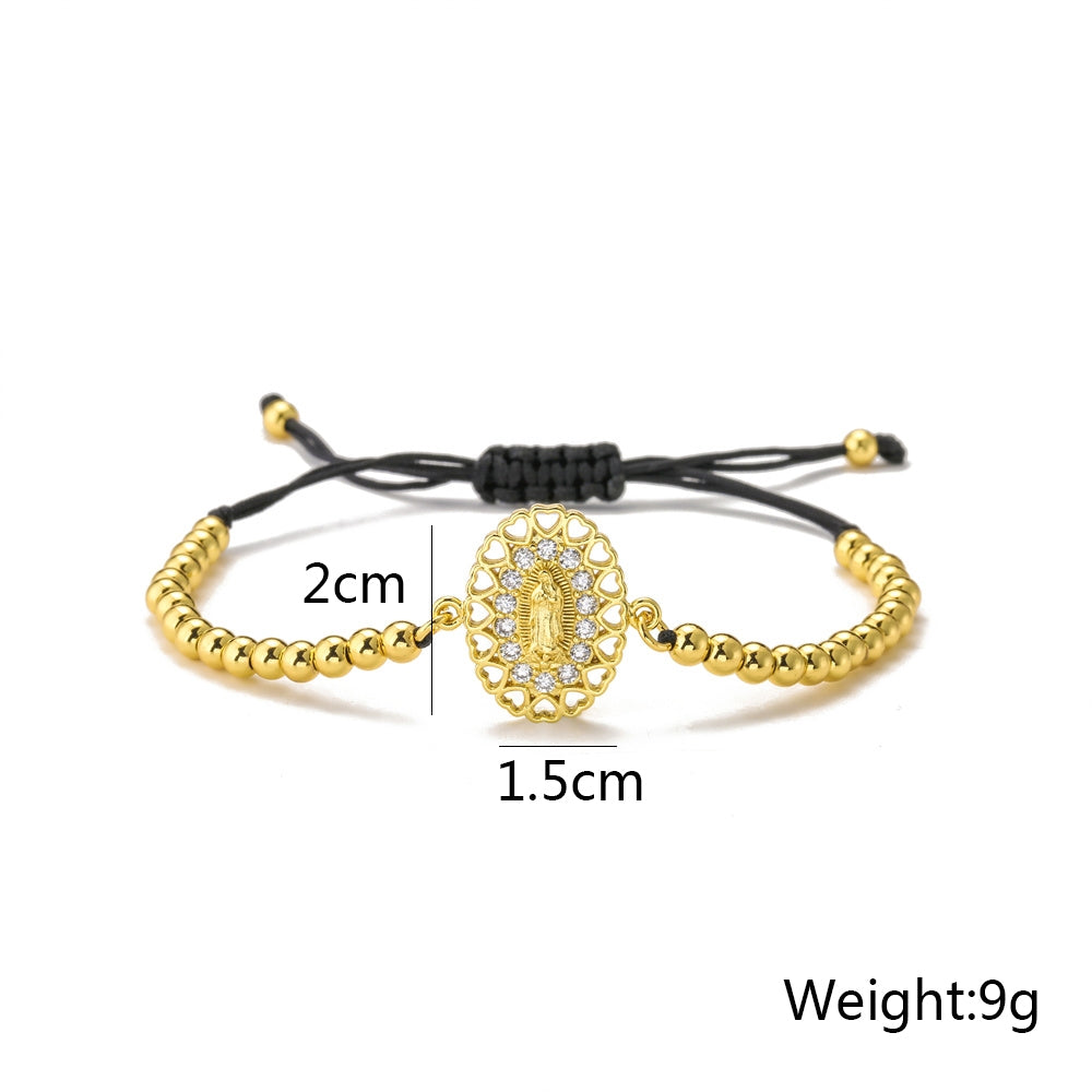 Adjustable 18k Gold Plated Copper Zircon Virgin Mary Beaded Bracelet