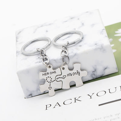 Fashion Geometric Puzzle Keychain with Personalized Letter Pendant for Couples