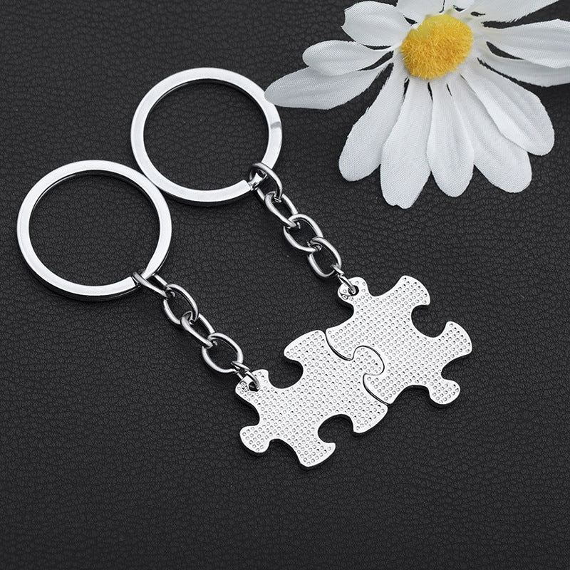 Fashion Geometric Puzzle Keychain with Personalized Letter Pendant for Couples