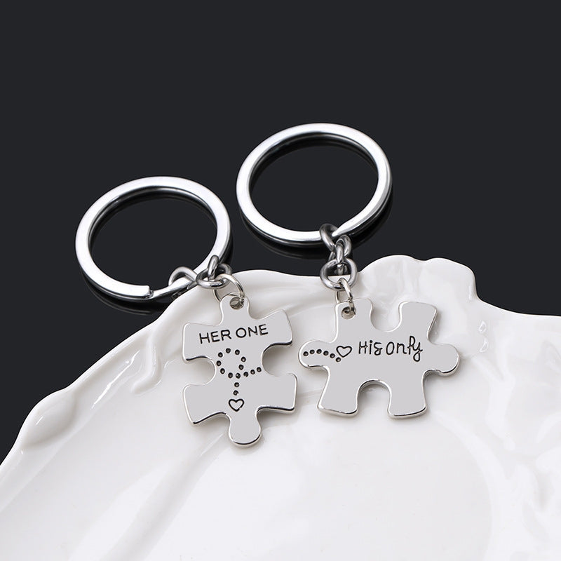 Fashion Geometric Puzzle Keychain with Personalized Letter Pendant for Couples