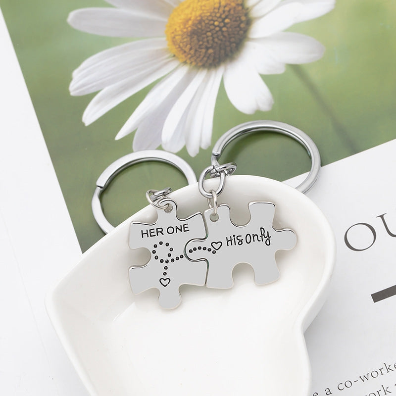 Fashion Geometric Puzzle Keychain with Personalized Letter Pendant for Couples