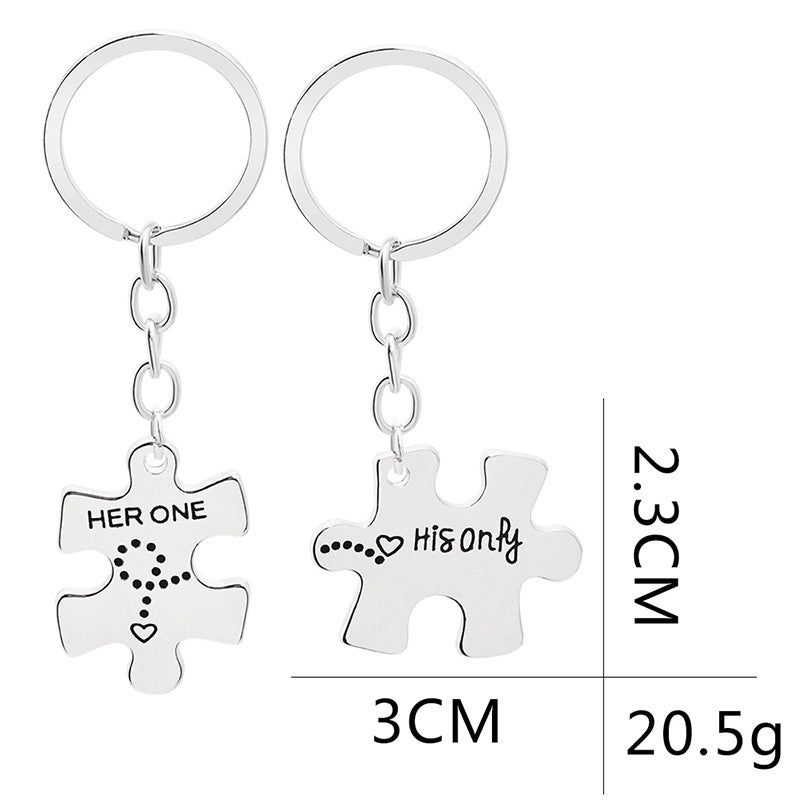 Fashion Geometric Puzzle Keychain with Personalized Letter Pendant for Couples