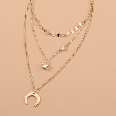 Fashion Crescent Star Zircon Pendant Layered Necklace