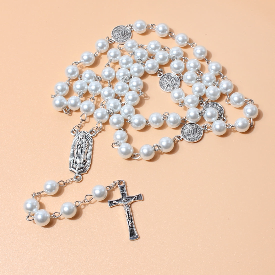 Vintage Cross Imitation Pearl Beaded Pendant Necklace