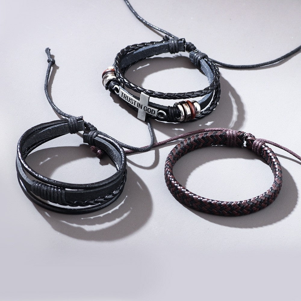 Fashion Cross PU Leather Unisex Bracelet Set - Hand-Woven Cowhide and Alloy Combination