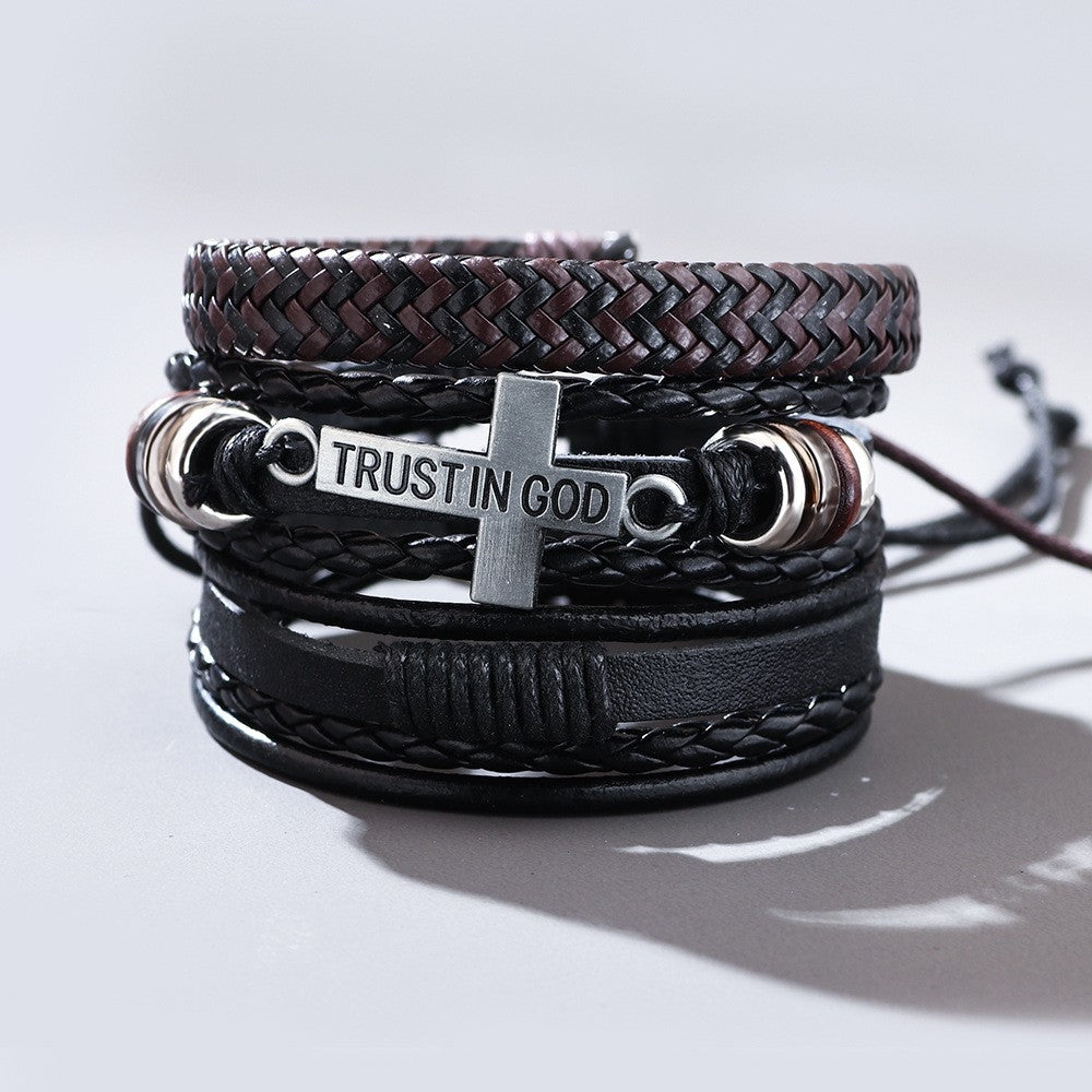 Fashion Cross PU Leather Unisex Bracelet Set - Hand-Woven Cowhide and Alloy Combination