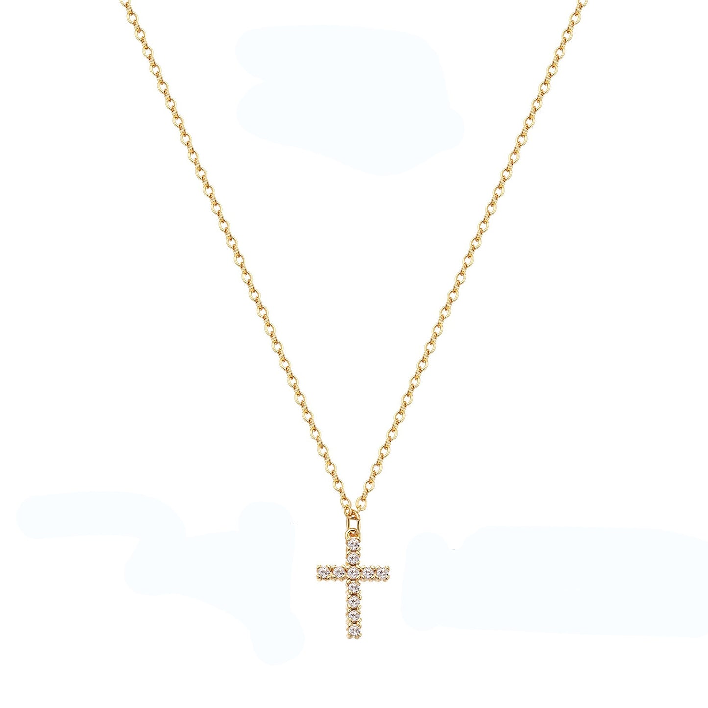 Fashion Cross 18K Gold Plated Stainless Steel CZ Zircon Pendant Necklace