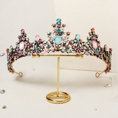 Baroque Alloy Crown with Colorful Gemstones for Bridal and Princess Accessories