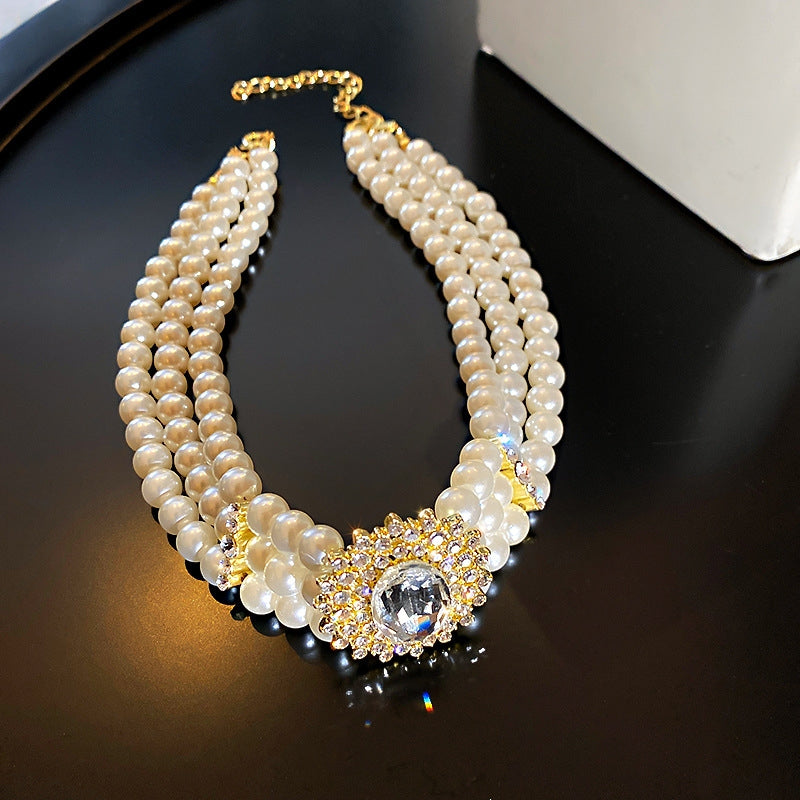 Fashion Crystal Multi-row Pearl Choker Necklace