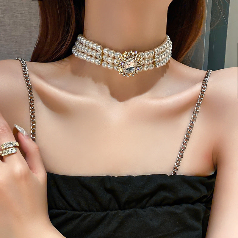 Fashion Crystal Multi-row Pearl Choker Necklace