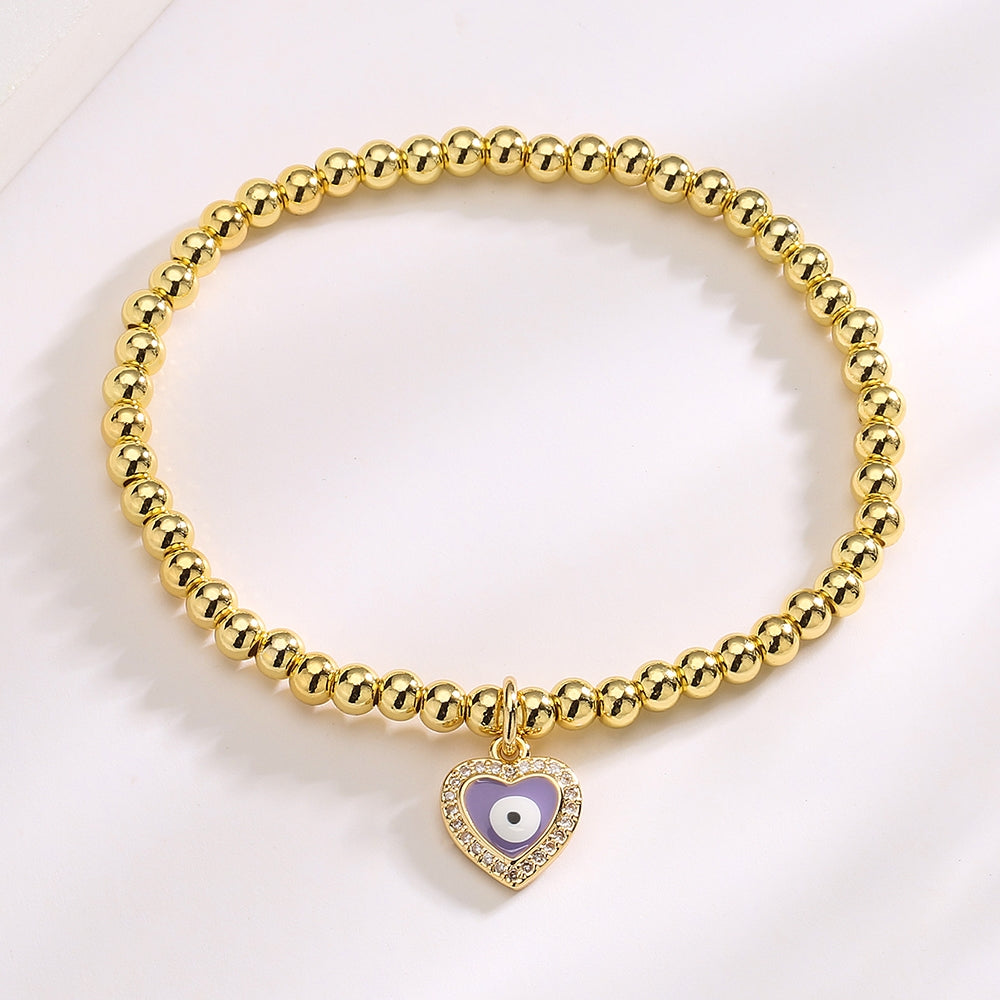 18k Gold Plated Devil's Eye Copper Bead Bracelet with Zircon and Enamel Detailing