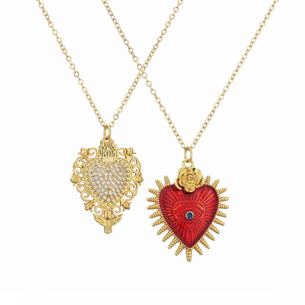 Devil's Eye Heart Shaped Zircon Pendant Necklace in Gold Plated Copper