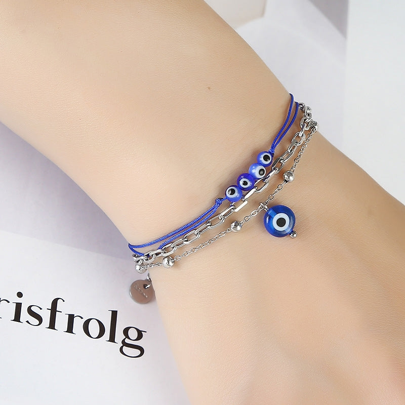 Fashion Devil's Eye Stainless Steel Triple Layer Bracelet - Cobalt Blue