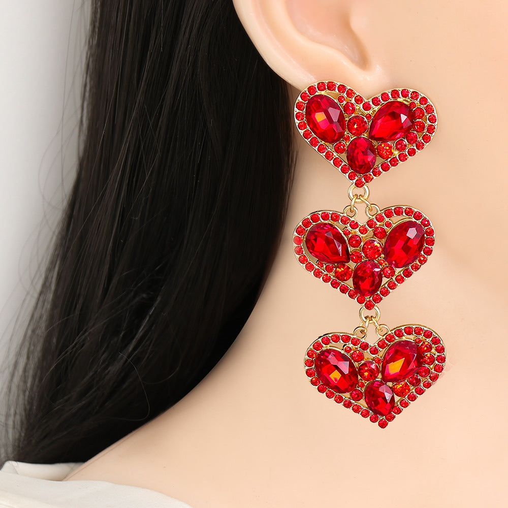 Fashion Geometric Heart Pendant Diamond Stud Earrings