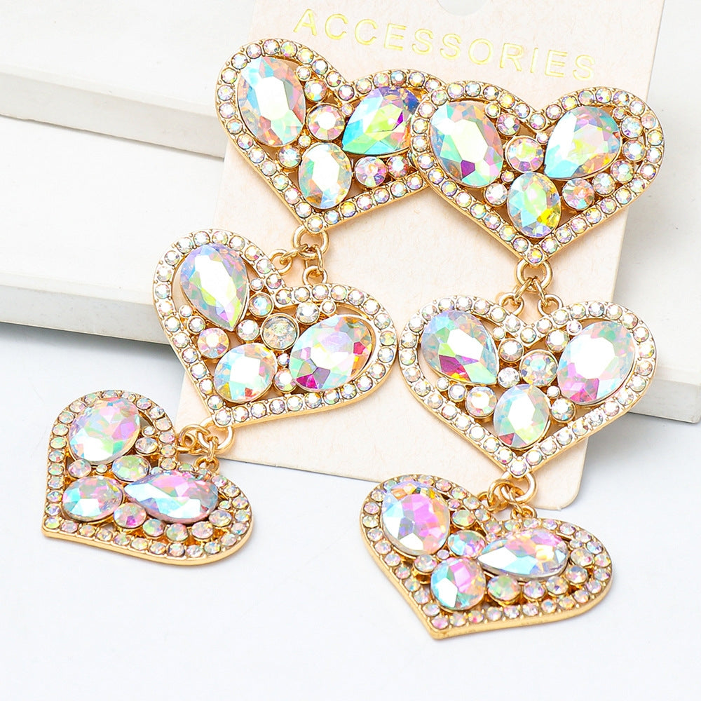 Fashion Geometric Heart Pendant Diamond Stud Earrings