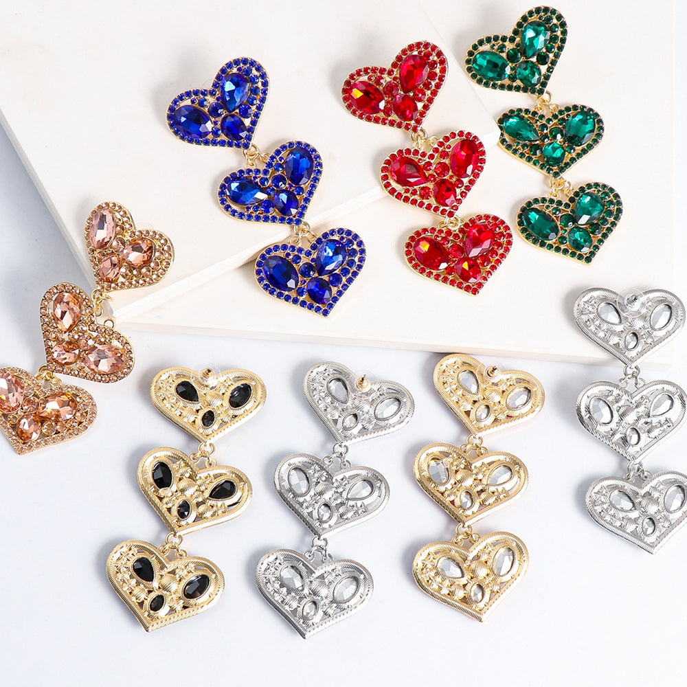 Fashion Geometric Heart Pendant Diamond Stud Earrings