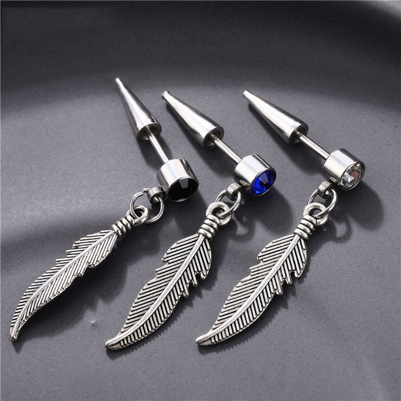 Fashion Feather Stainless Steel Inlay Gemstone Tassel Drop Earrings