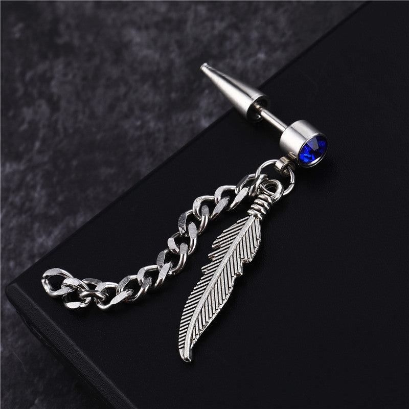 Fashion Feather Titanium Steel Chain Inlay Gemstone Drop Earrings