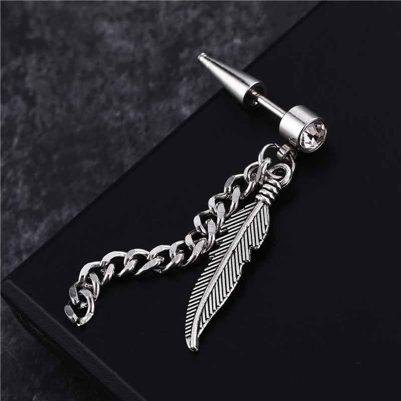 Fashion Feather Titanium Steel Chain Inlay Gemstone Drop Earrings