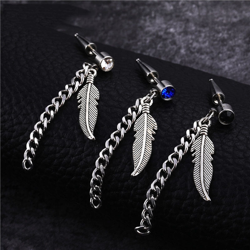 Fashion Feather Titanium Steel Chain Inlay Gemstone Drop Earrings