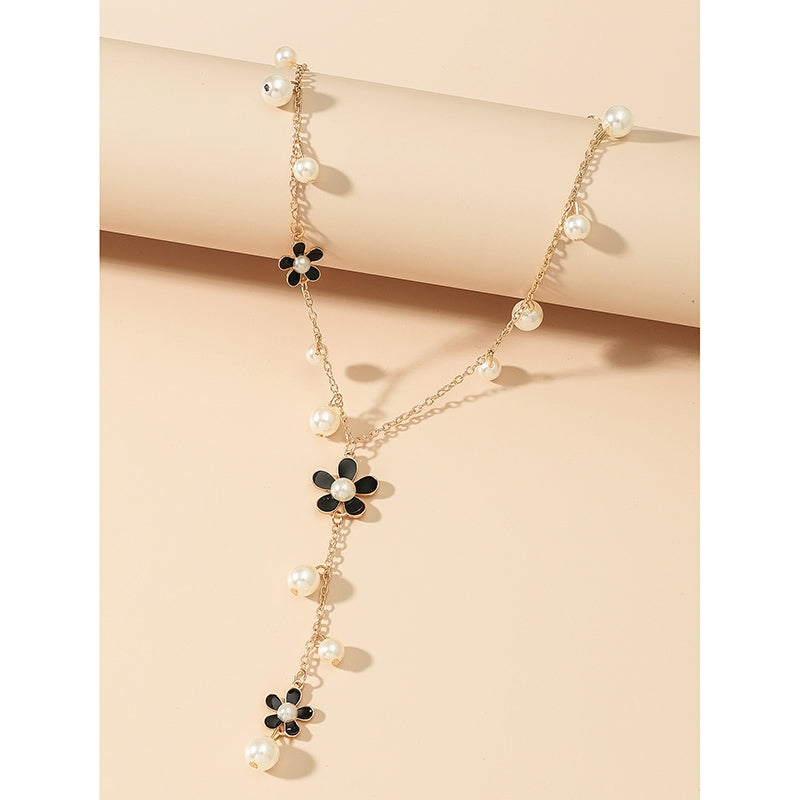 Elegant Floral Pearl Pendant Long Necklace