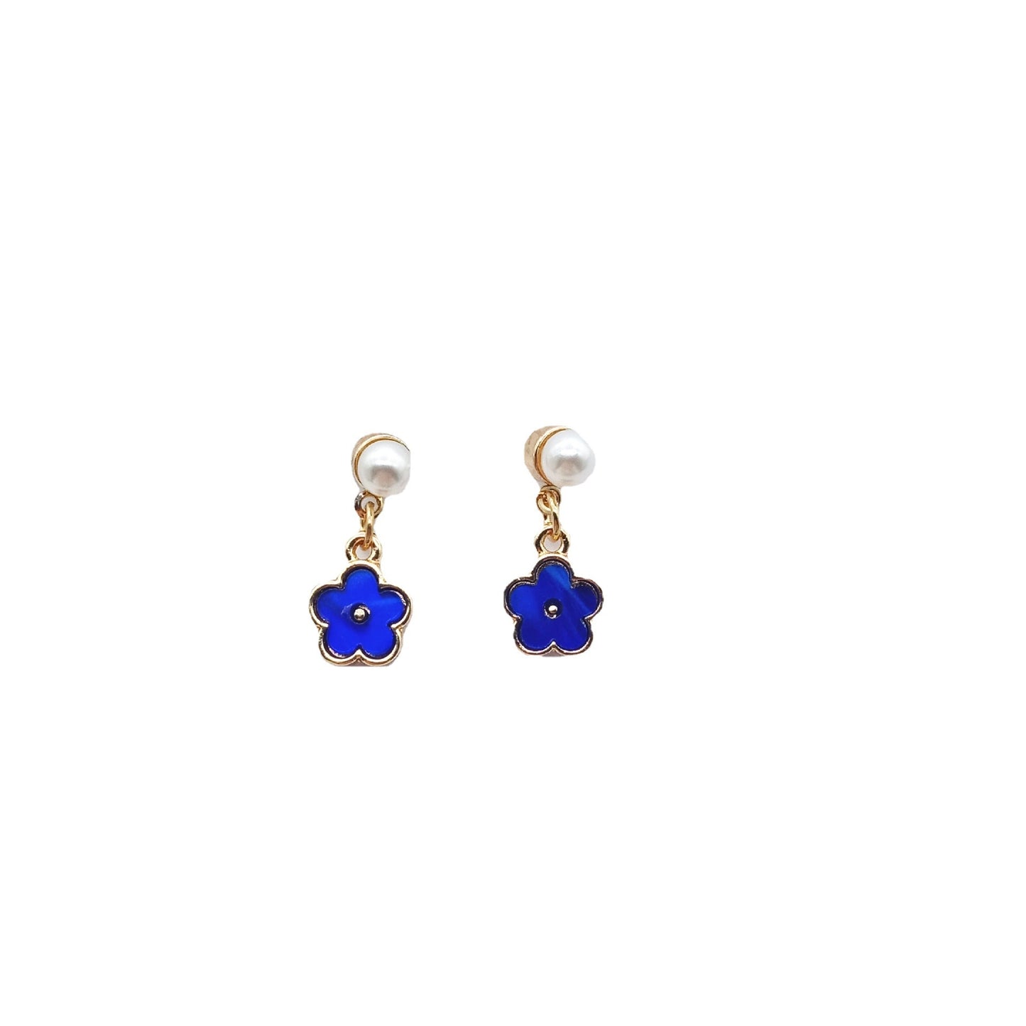 Elegant Blue Flower Pearl Ear Studs with Alloy Inlay Clips - 1 Pair