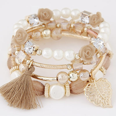 Elegant Multi-Layered Crystal Bead & Pearl Flower Bracelet for Women