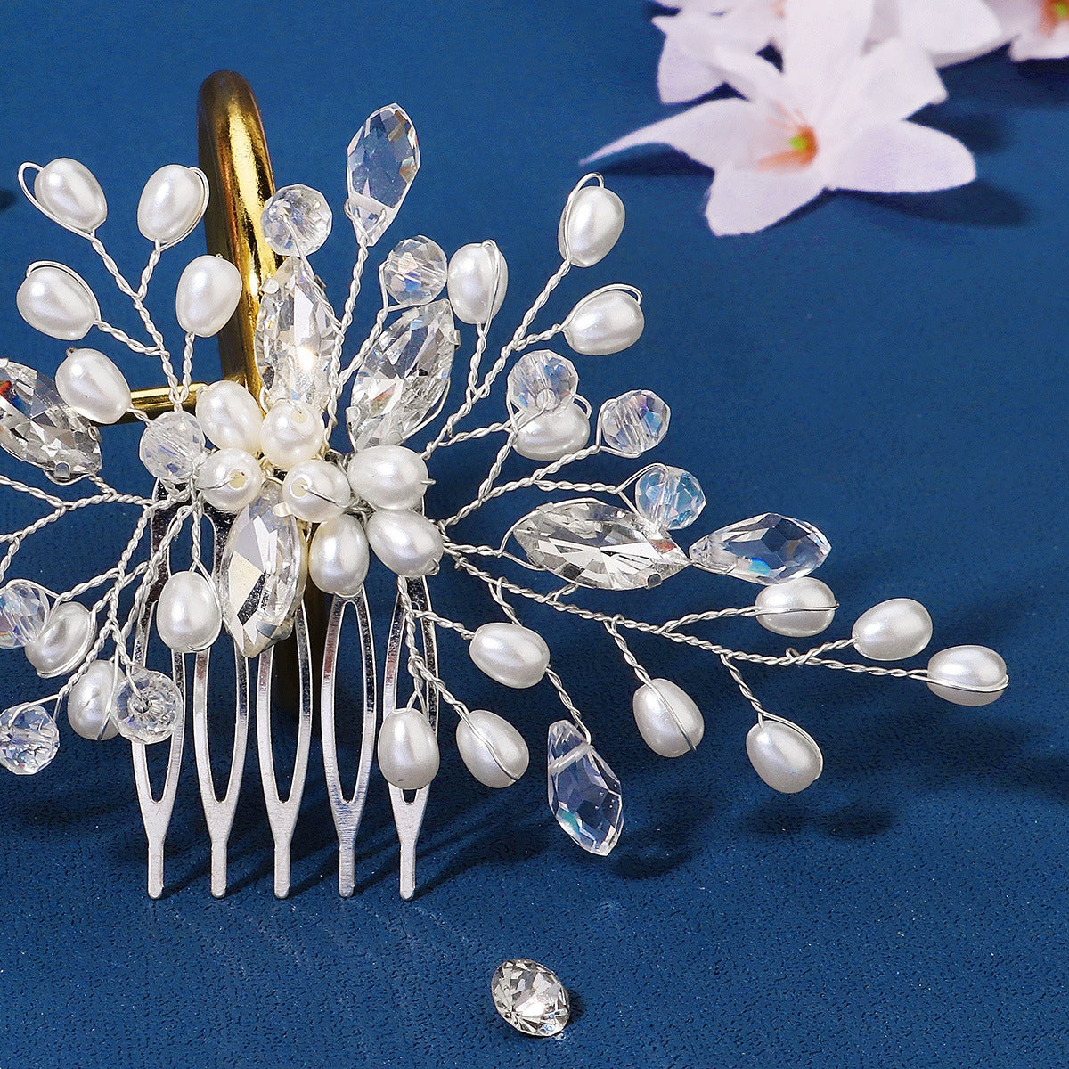 Bridal Rhinestone Pearl Hair Comb with Alloy Flowers