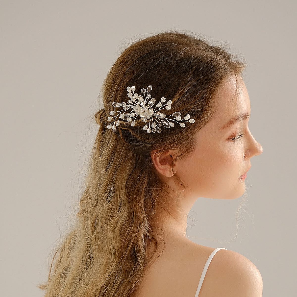 Bridal Rhinestone Pearl Hair Comb with Alloy Flowers