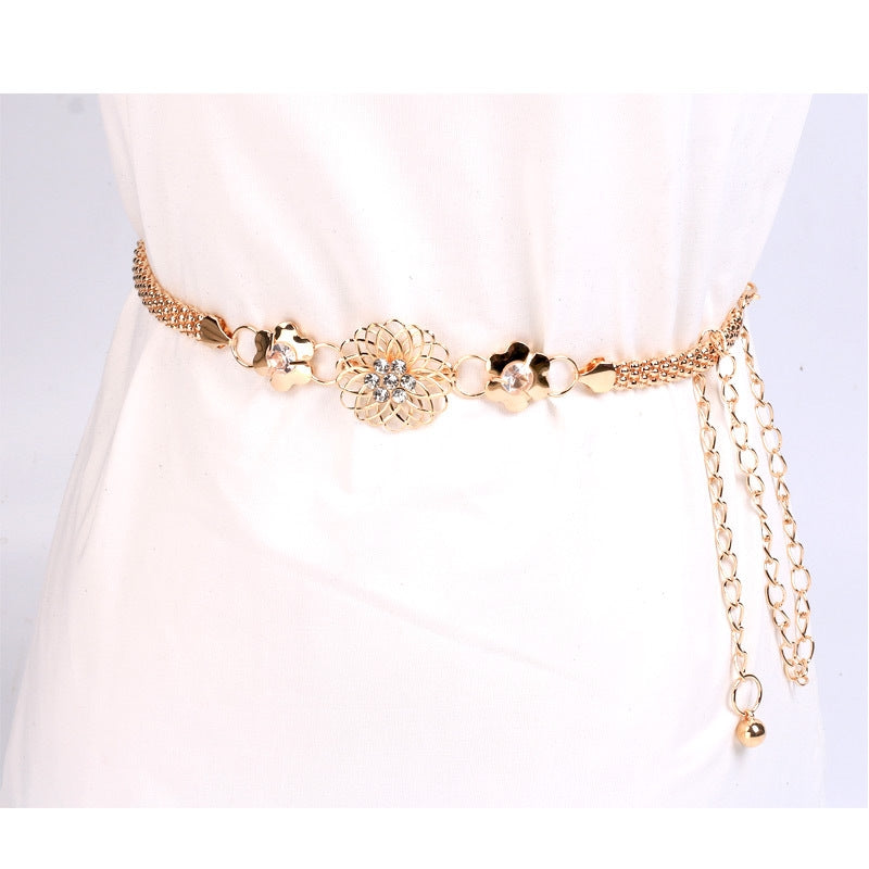 Fashion Flower Alloy Women's Rhinestone Chain Belt - Gold Metal Waist Accessory